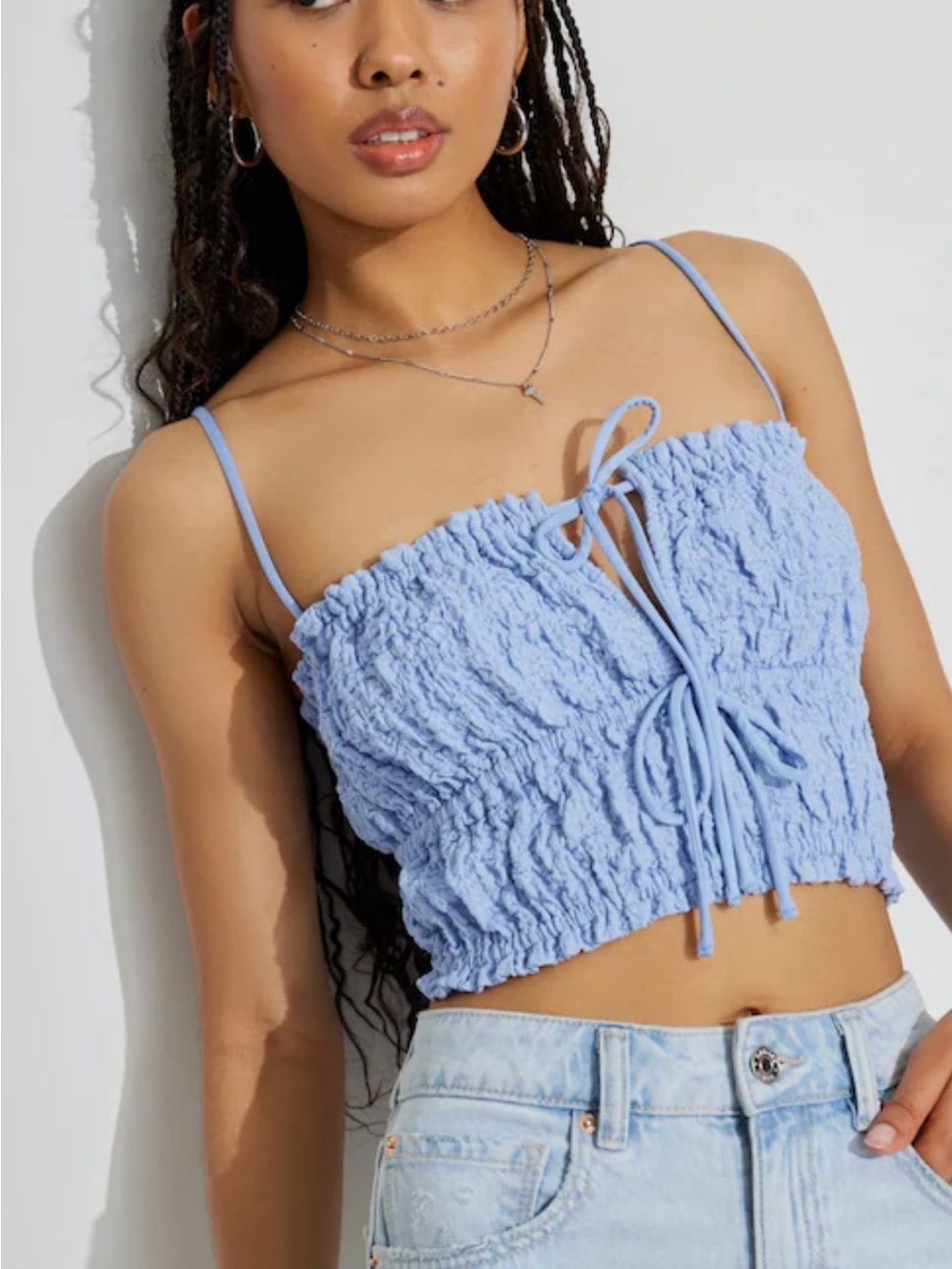 Garage Light Blue Smocked Tie-Front Crop Top